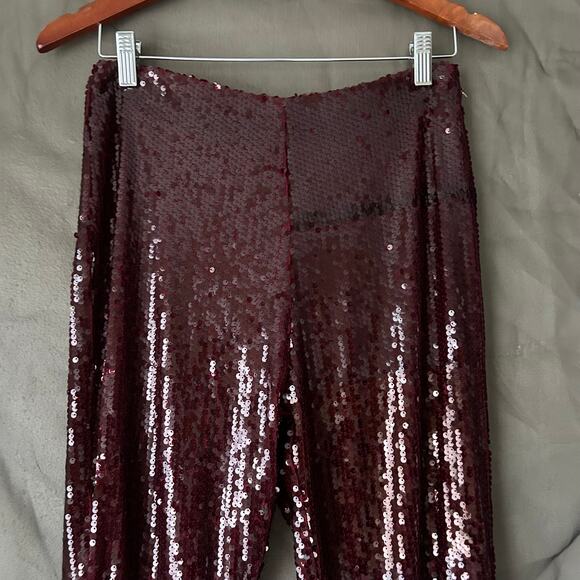 Pretty Little Thing Oxblood Red Sequin Flared Leg Pants US Size 4 - Picture 3 of 8